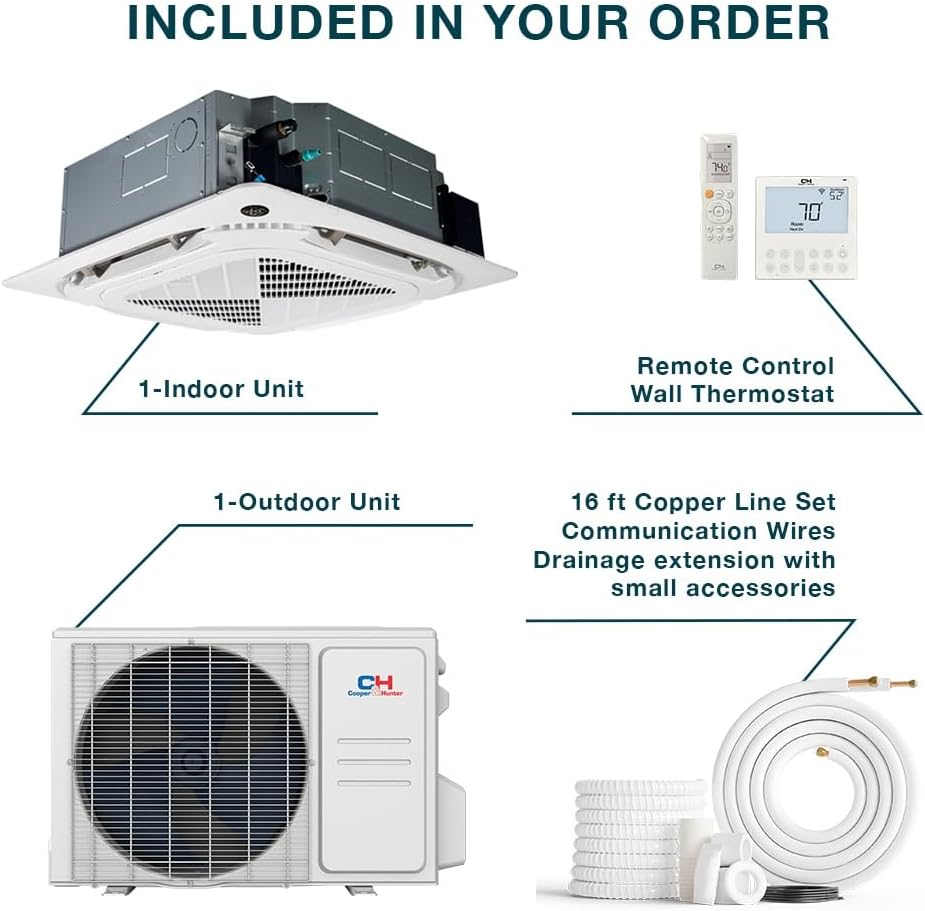 Cooper & Hunter 18,000 BTU Ceiling Cassette Ductless Mini Split AC/Heating System with Heat Pump Wall Thermostat and Installation Kit