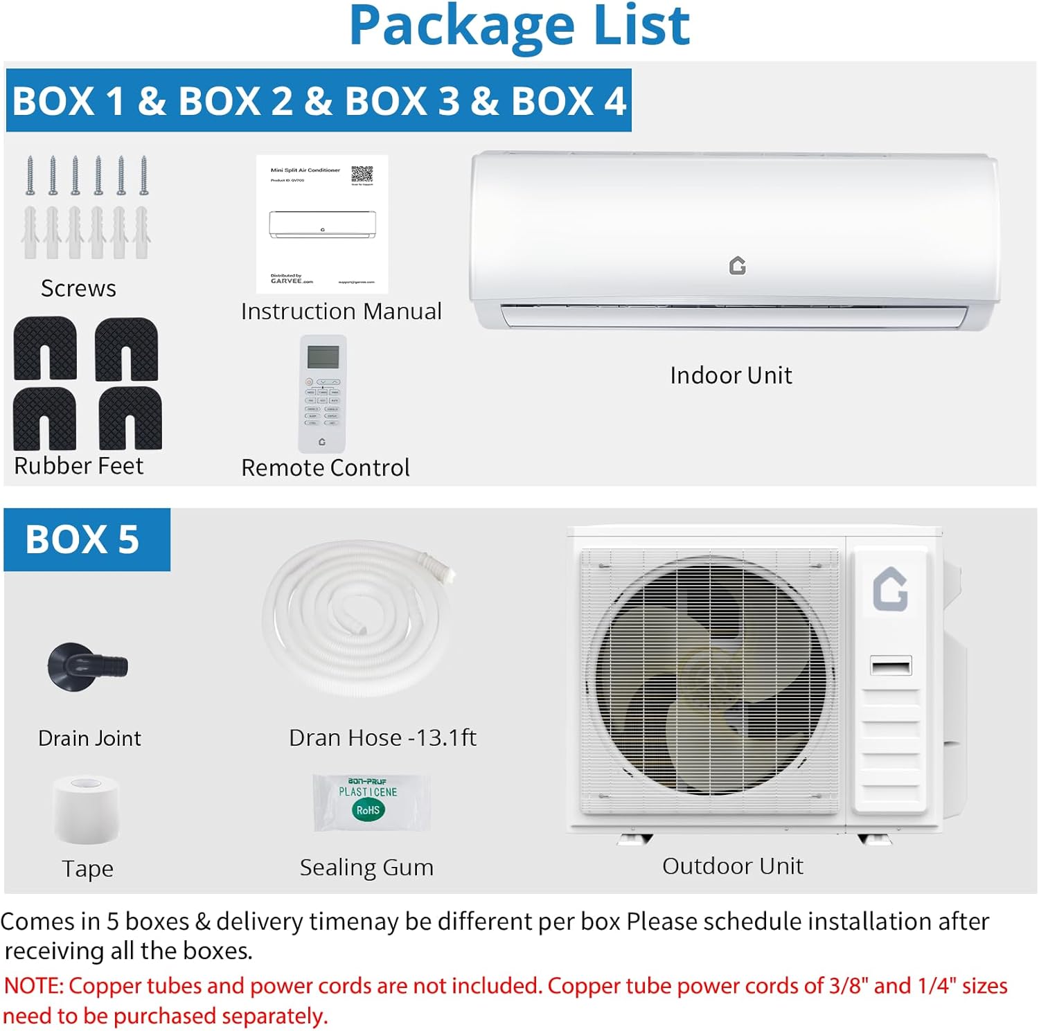 Garvee 35000 BTU Quad Zone Mini Split AC/Heating System, 19 SEER2 4 Zone 12000+12000+12000+12000 BTU Ductless Split Air Conditioner w/Pre-Charged Condenser, Not Include Copper Tube Line Set, 208-230V