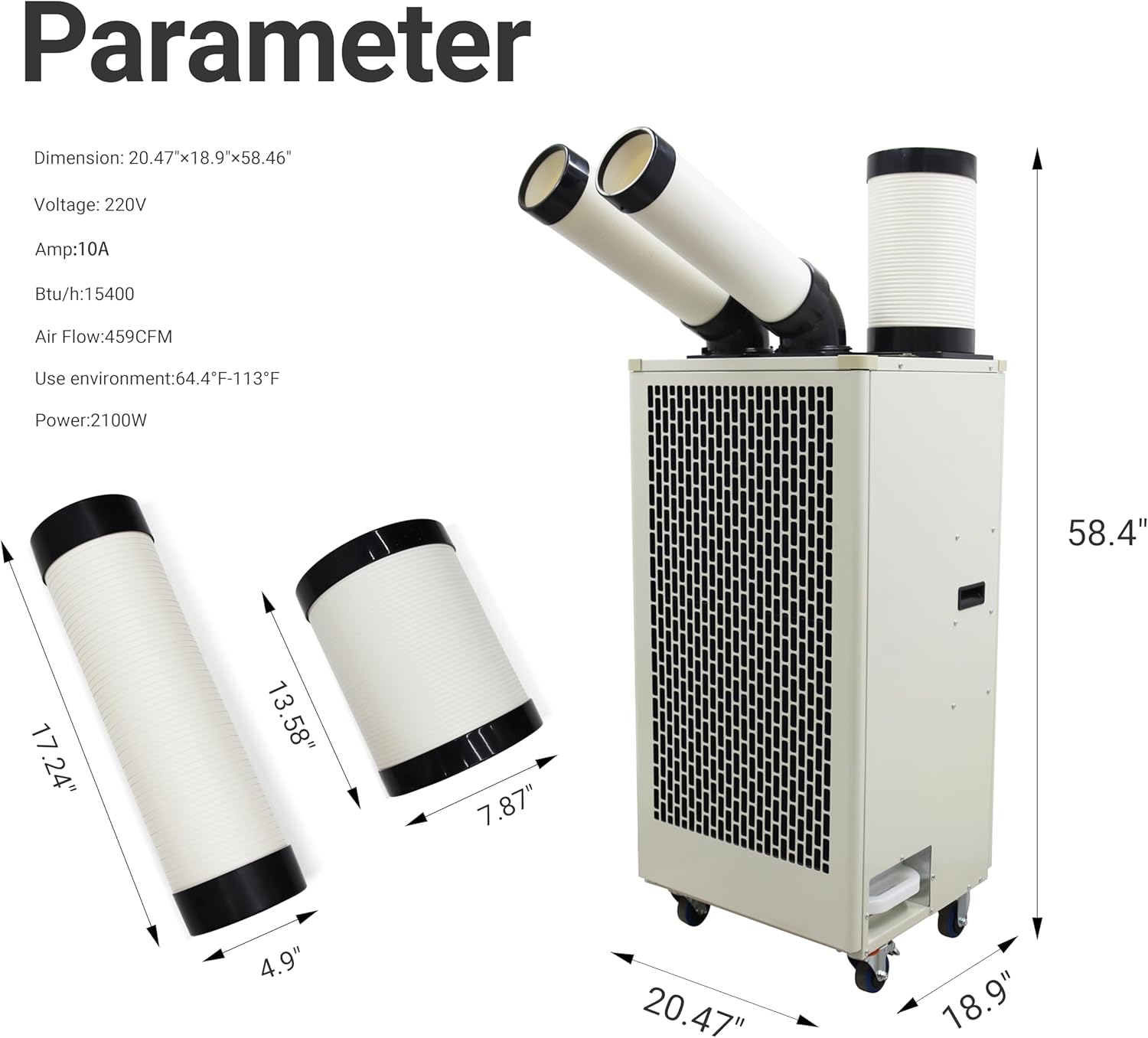 15400BTU/H Industrial Spot Cooler Air Conditioner Industrial Air Conditioner with 2.1Gal Water Tank Portable Mobile Spot Cooler Double Ducts 2.1KW 220V Beige