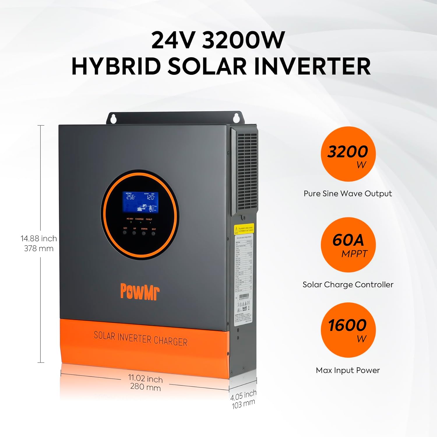 PowMr 3200W Solar Inverter, 24V DC to 120V AC with 60A MPPT Controller and 40A AC Charger Built-in, Pure Sine Wave Power Inverter 3200Watt, Max.PV Input 108V, Fit for Lithium Battery and Lead-Acid