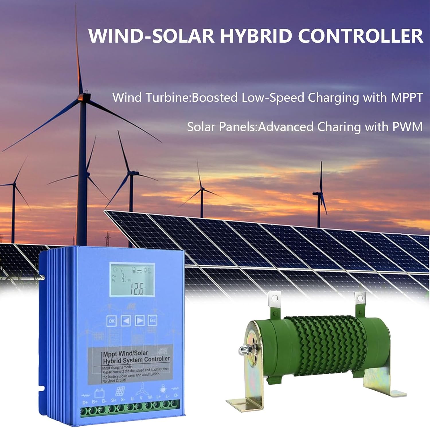 Wind Solar Hybrid Charge Controller,Hybrid Charge Controller,12V/24V/48V,15000W,Mppt Boost Charging with LCD Display and Dump Load,Automatic Controller for Home, Boat, Street Light 24V