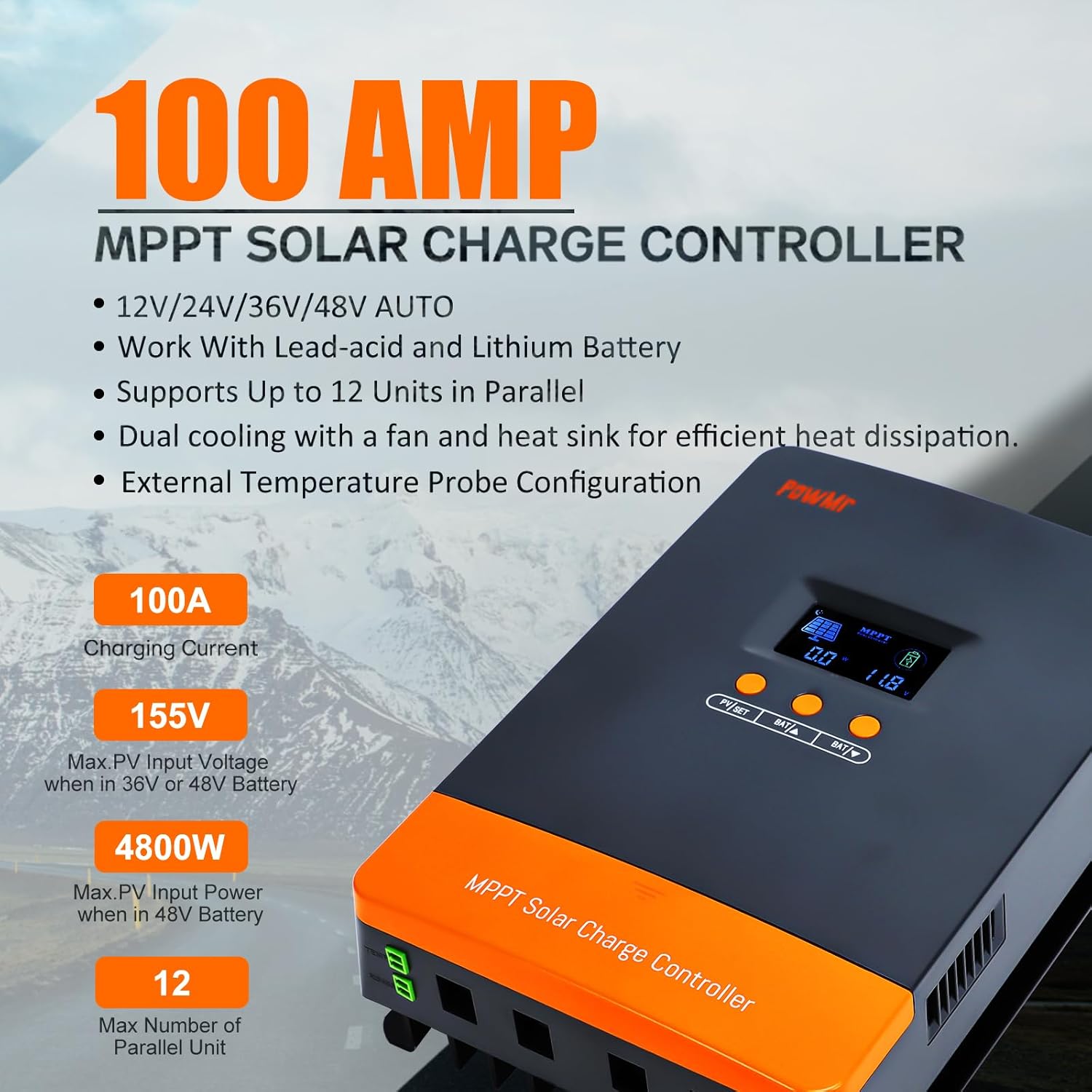 PowMr 100A MPPT Solar Controller 12V/24V/48V Auto, MPPT Charge Controller 100 Amp w/ LCD Display, Support 12(Max) Solar Regulator Connections in Parallel, Work with Lead-Acid and Lithium Batteries