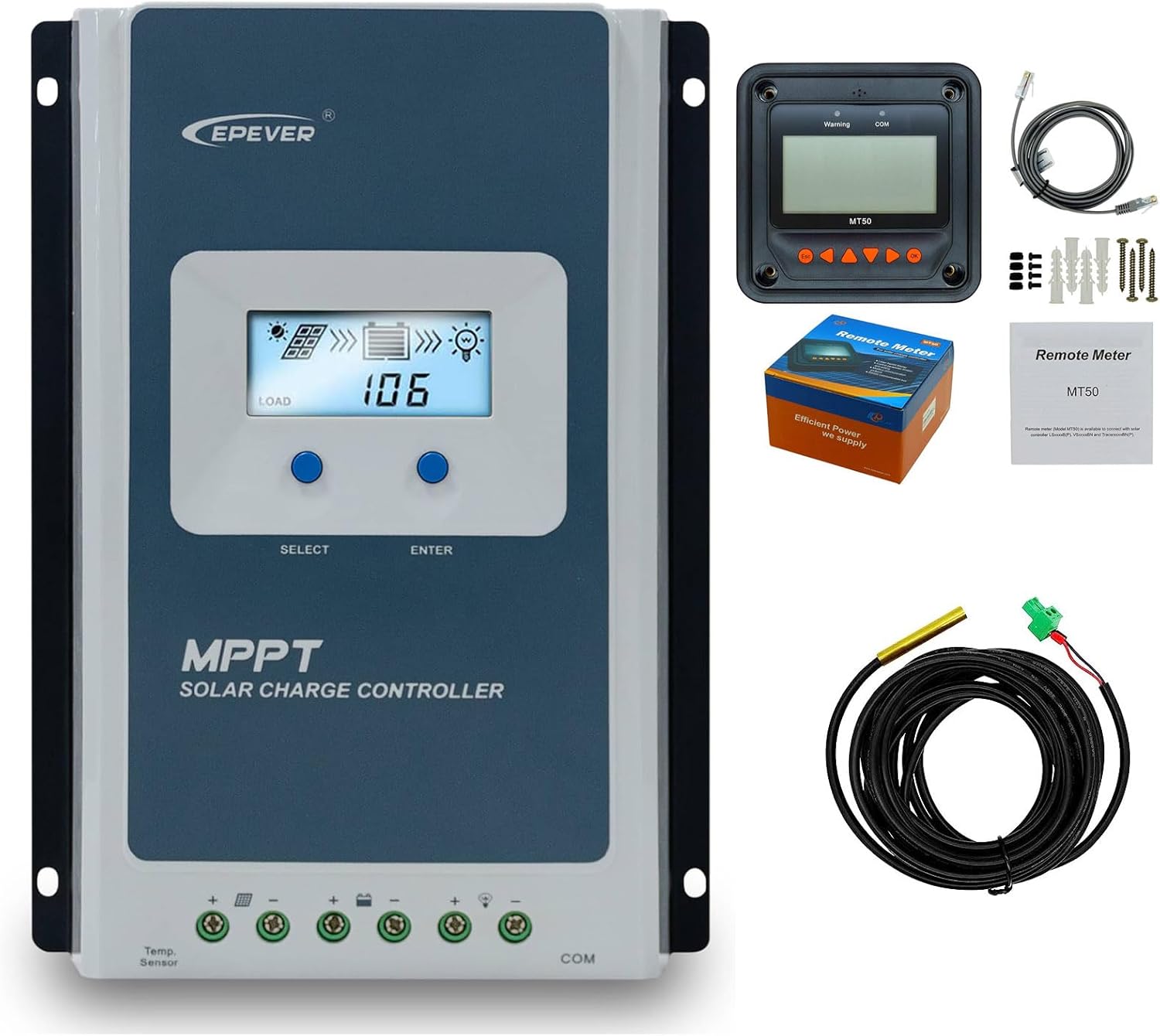 EPEVER 40A 12/24/ Auto Identify MPPT Solar Charge Controller with Remote Control of LCD Display Adjustable Parameters and Temperature Sensor Support Lithium (Tracer 4210AN MT50 Sensor)