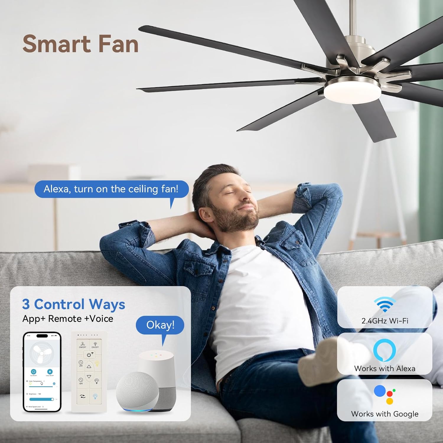 Sofucor Smart Ceiling Fans with Lights, 52'' Ceiling Fan with Light and Remote, Work with Alexa/Google, Black Indoor/Outdoor Ceiling Fan, Quiet DC Motor, 3CCT, 8 Blades Ceiling Fans for Bedroom Patio