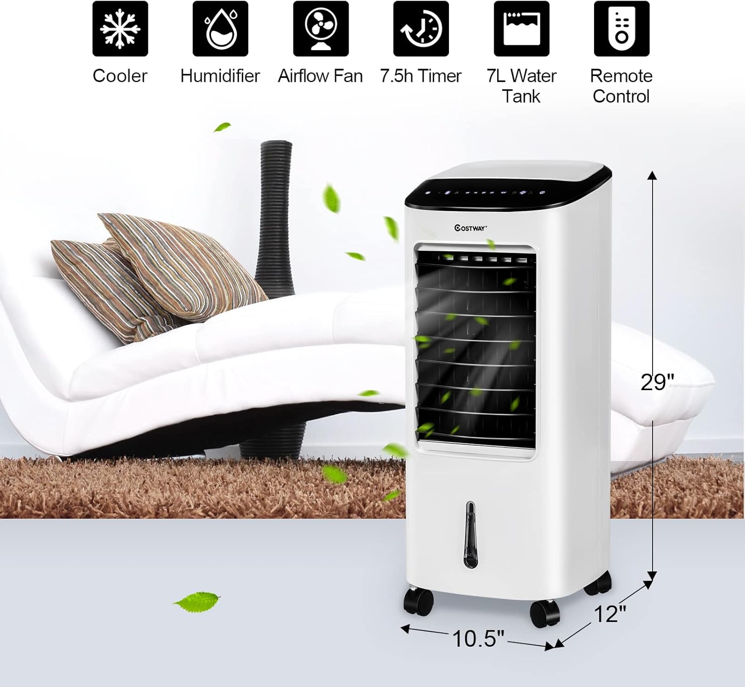 COSTWAY Portable Evaporative Air Cooler for Room, Remote Control, 3-Mode, 7.5H Timer, Include Ice Crystal Boxes, Casters and Water Tank, Bladeless Swamp Cooler for Home Office, Indoor Use, White
