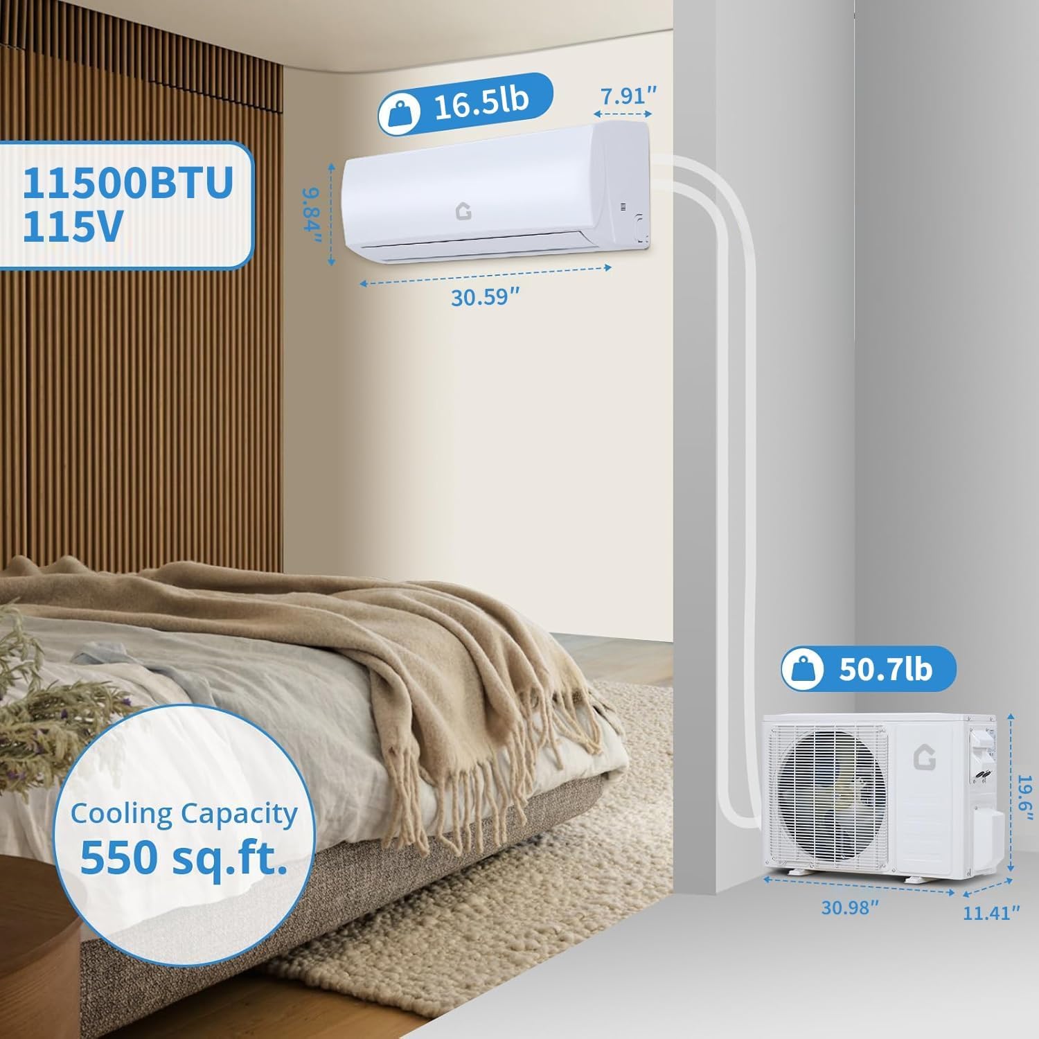 Garvee 11500 BTU Mini Split AC/Heating System, 115V WIFI Enabled Energy Efficient Mini Split Unit,Wall-Mounted Split Air Conditioner,Cools Up to 750 Sq.Ft, Heat Pump & Installation Kits