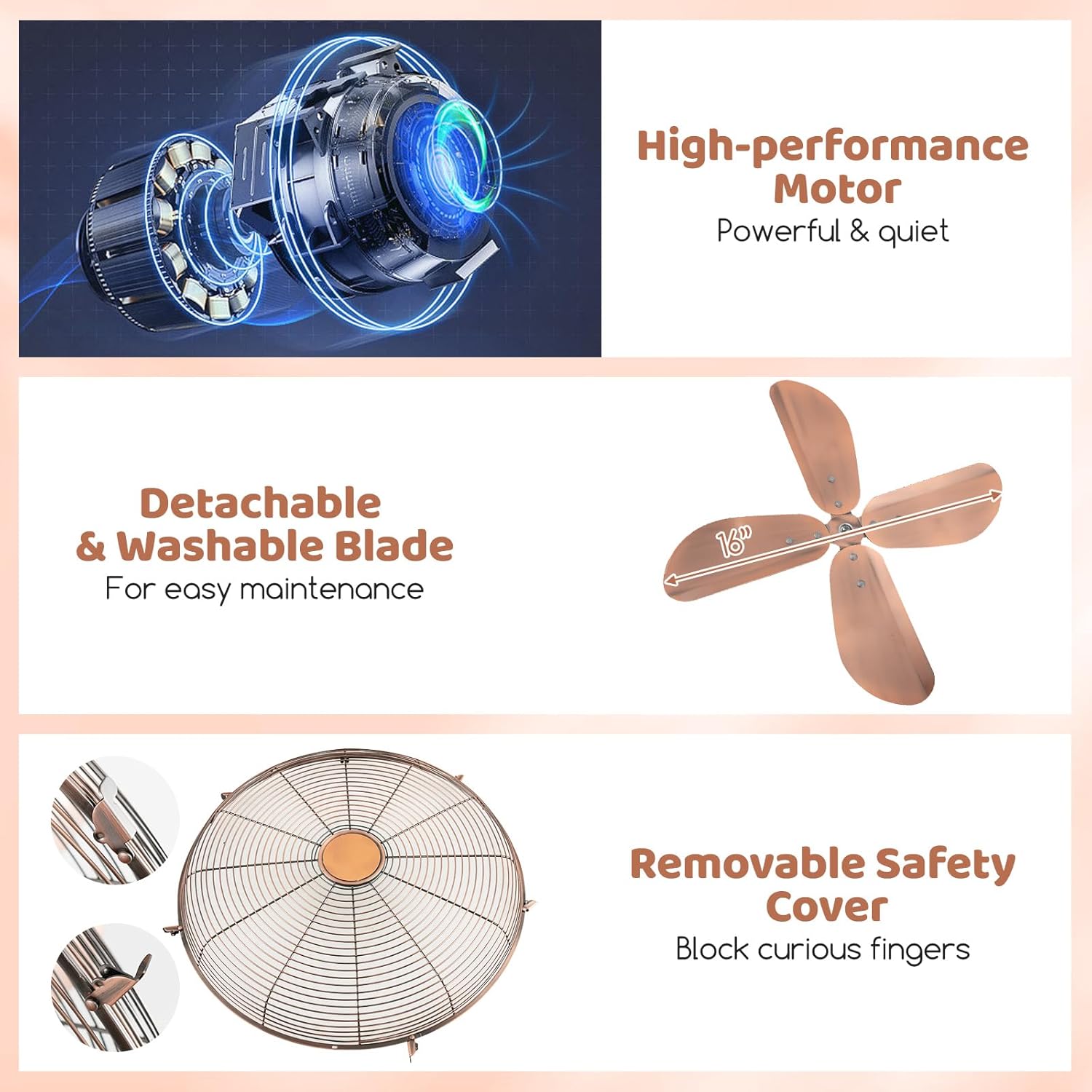 Tangkula 16-Inch Metal Pedestal Fan, Industrial Metal Standing Fan with Adjustable Height, 3 Speeds, 75° Oscillation & 20° Head Tilt, Floor Fan with Weighted Base for Living Room Office (Copper)