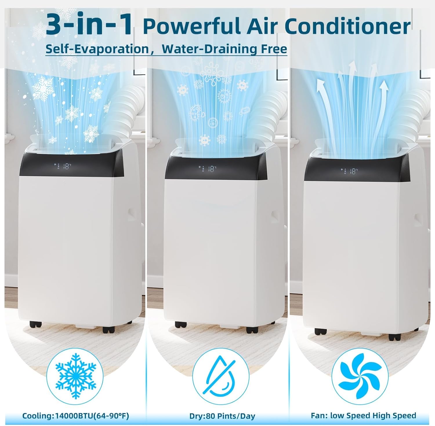 14000 BTU Portable Air Conditioners with Remote Control, 3-in-1 Free Standing Cooling AC Unit with Fan & Dehumidifier, Cools Room up to 750 sq.ft, Smart/Sleep Mode,3 Speed,Auto Swing, 24H Timer