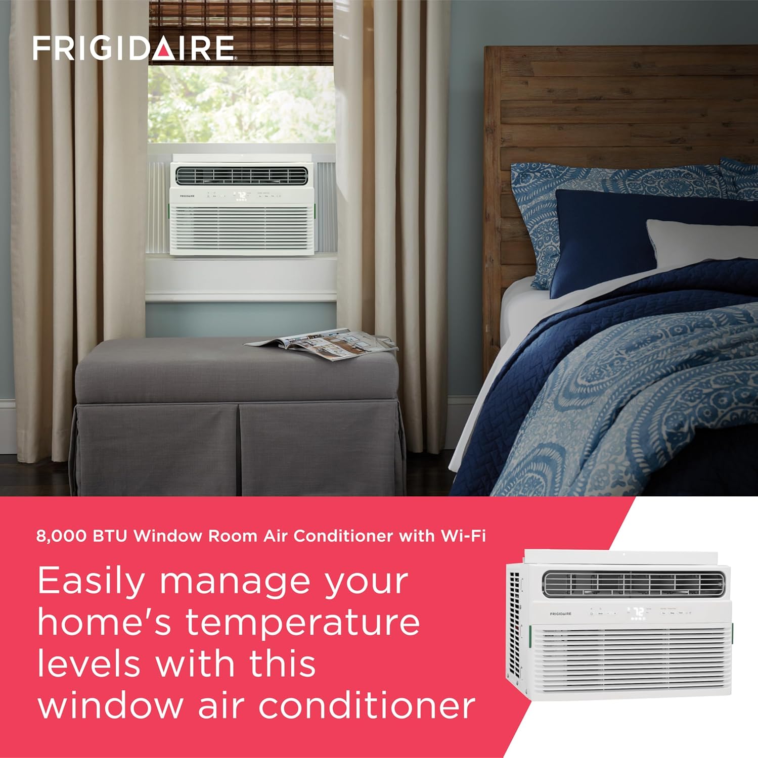 Frigidaire 8,000 BTU Smart Window Air Conditioner with Wi-Fi, Cools Up to 350 Sq. Ft., Remote Control, Quiet Operation, Eco Mode, 3 Fan Speeds, White