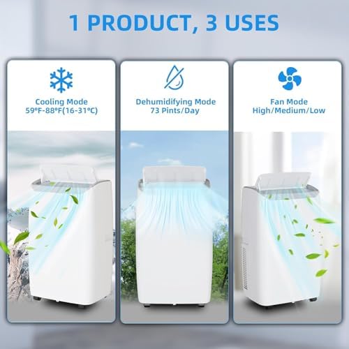 14000 BTU Portable Air Conditioner, 3-In-1 Cool, Fan, Dehumidify Modes, Cools up to 750 Sq. Ft, Quiet AC Unit with LED Display, with Remote Control, Window Installation Kit, 24 H Timer for Room, Dorm
