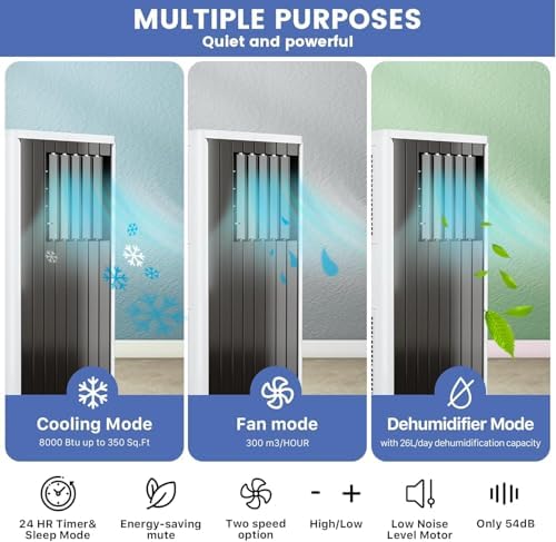 8000 BTU Portable Air Conditioner for Rooms Up to 350 Sq.Ft - Fan, Dry, Remote Control, Sleep Mode