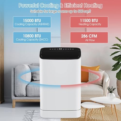 DORTALA Smart Portable Air Conditioner & Heater Combo, 15000 BTUs Stand up AC Unit with Heat, Dehumidifier, Fan, 24H Timer, Remote Control/APP Control & Window Kit, Rooms up to 800 Sq.ft