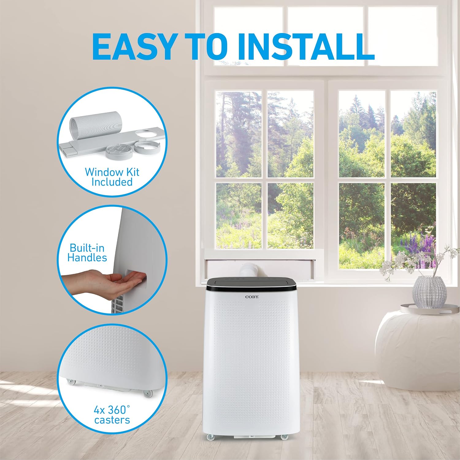 COBY Portable Air Conditioner 4-in-1 AC Unit, Heater, Dehumidifier & Fan, Air Conditioner 15,000 BTU Portable AC Unit with Remote Control for Rooms up to 775 Sq. Ft., 24-Hour Timer, & Installation Kit