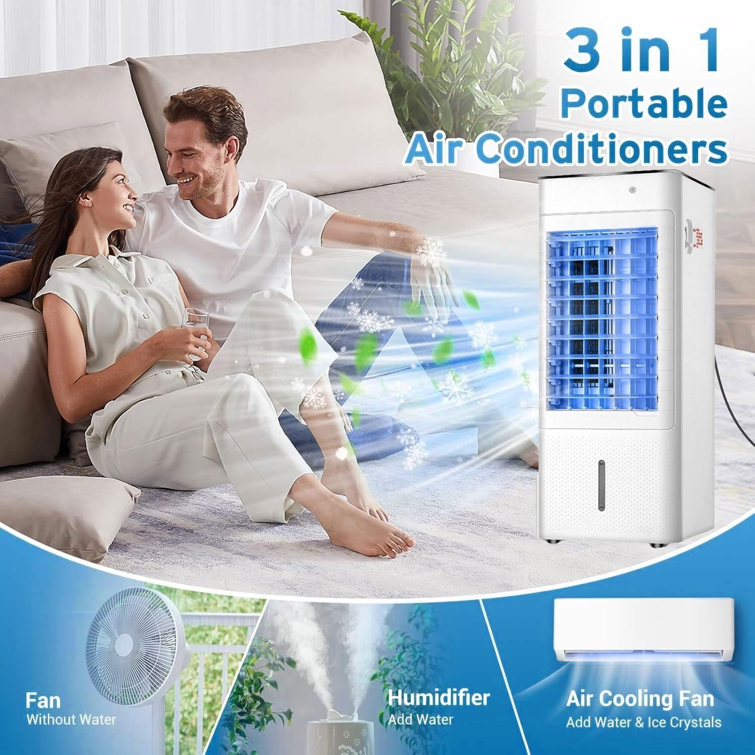 Windowless Portable Air Conditioner, 3-in-1 Evaporative Cooling AC Unit with Remote, 12H Timer, 90° Oscillation, Humidifier for Bedroom & Indoor Rooms