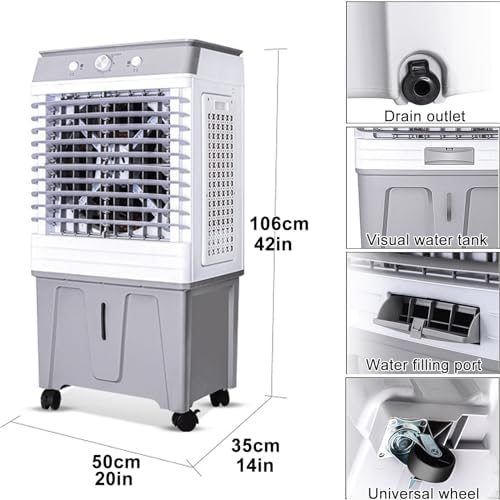 Portable Air Conditioner, Cooling Fan with 60L Water Tank, 4 Universal 360° Wheel, 4 Ice Box, 3 Speeds, for Room Garage Commercial