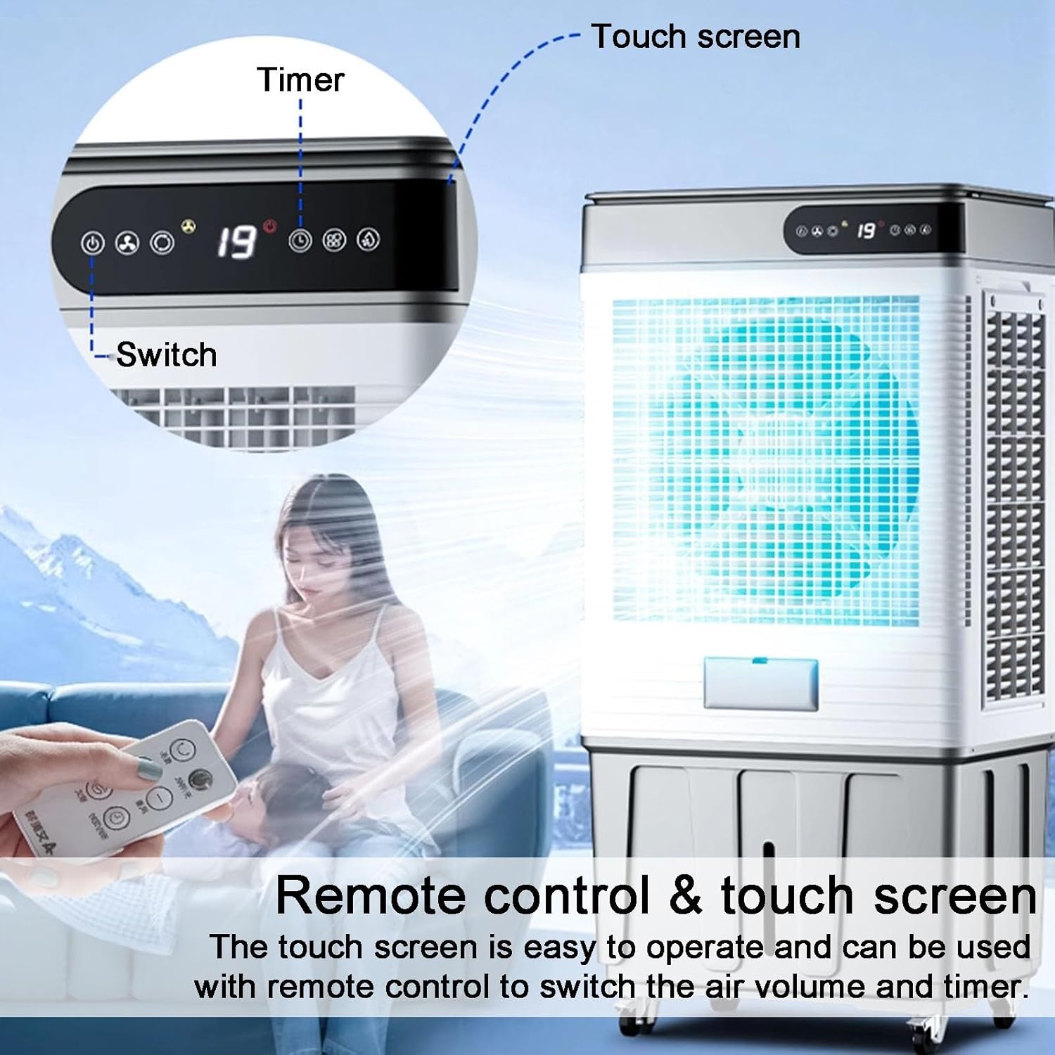 Swamp Cooler, Portable Evaporative Cooler with Remote, Air Conditioner Fan with 17.6 Gal Water Tank, 120° Oscillation, 3 Speeds, 4 Ice Boxes