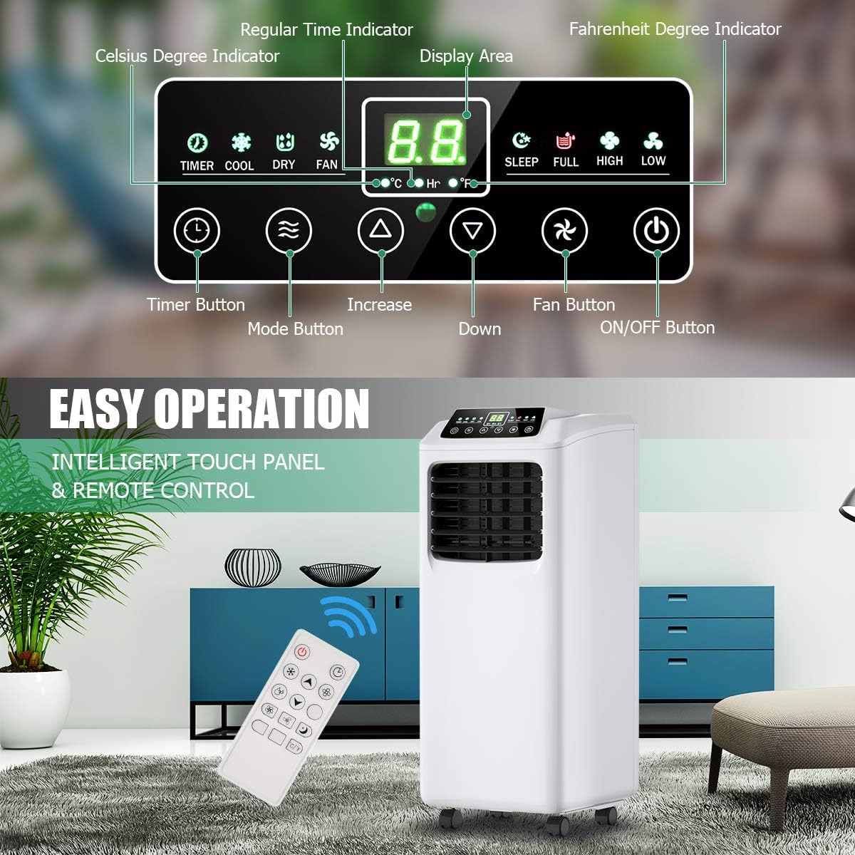 DORTALA 8000BTU Portable Air Conditioner 3-in-1 Floor AC Unit w/Dehumidifier, Quiet AC Unit Cools Rooms to 230 sq.ft LED Display, Remote Control, Complete Window Mount Exhaust Kit, 30inch
