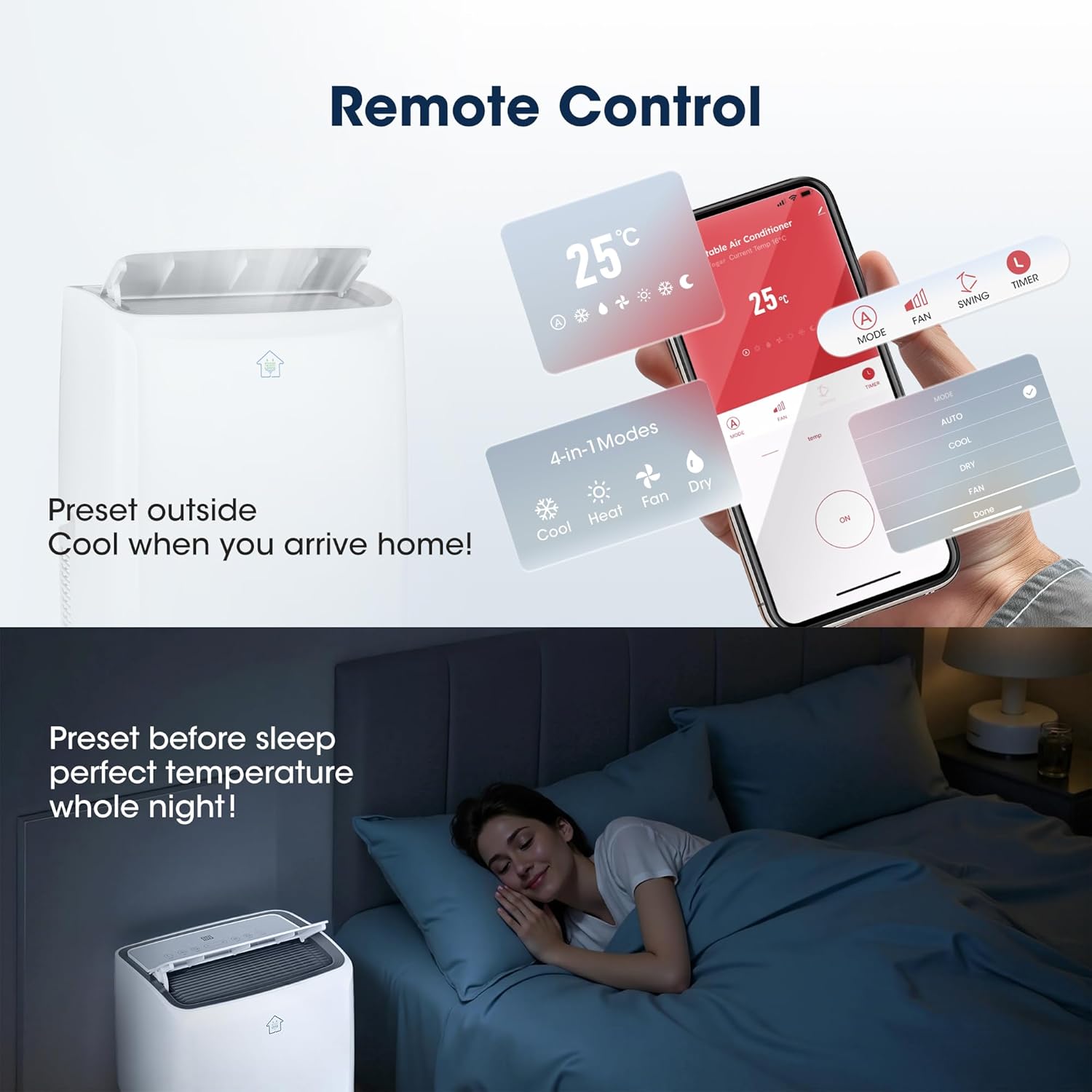 12000BTU Portable Air Conditioners, Smart AC Unit with App & Remote Control, 4-in-1 Cooling, Heating, Dehumidifier, Fan for Rooms up to 550 sq.ft, 24H Timer, White