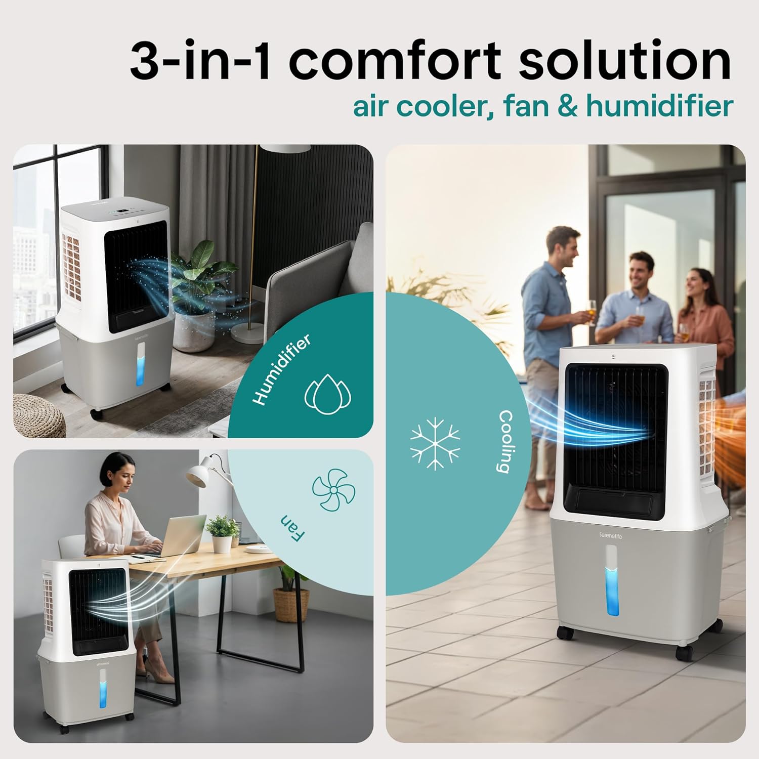 SereneLife Portable Swamp Cooler Air Conditioner - 2500 CFM Airflow, 8 Gallon Water Tank Portable Evaporative Air Cooler for Room & Outdoors, WiFi, Humidifier & Fan Modes, Ice Packs & Remote Included