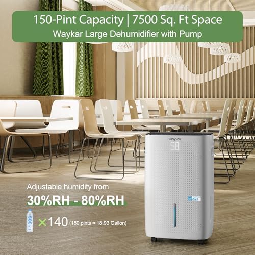 Waykar 150 Pints 7,500 Sq. Ft Energy Star Dehumidifier with Drain Hose for Commercial and Industrial Large Rooms, Home, Basements, Storages, Warehouses and Bedrooms