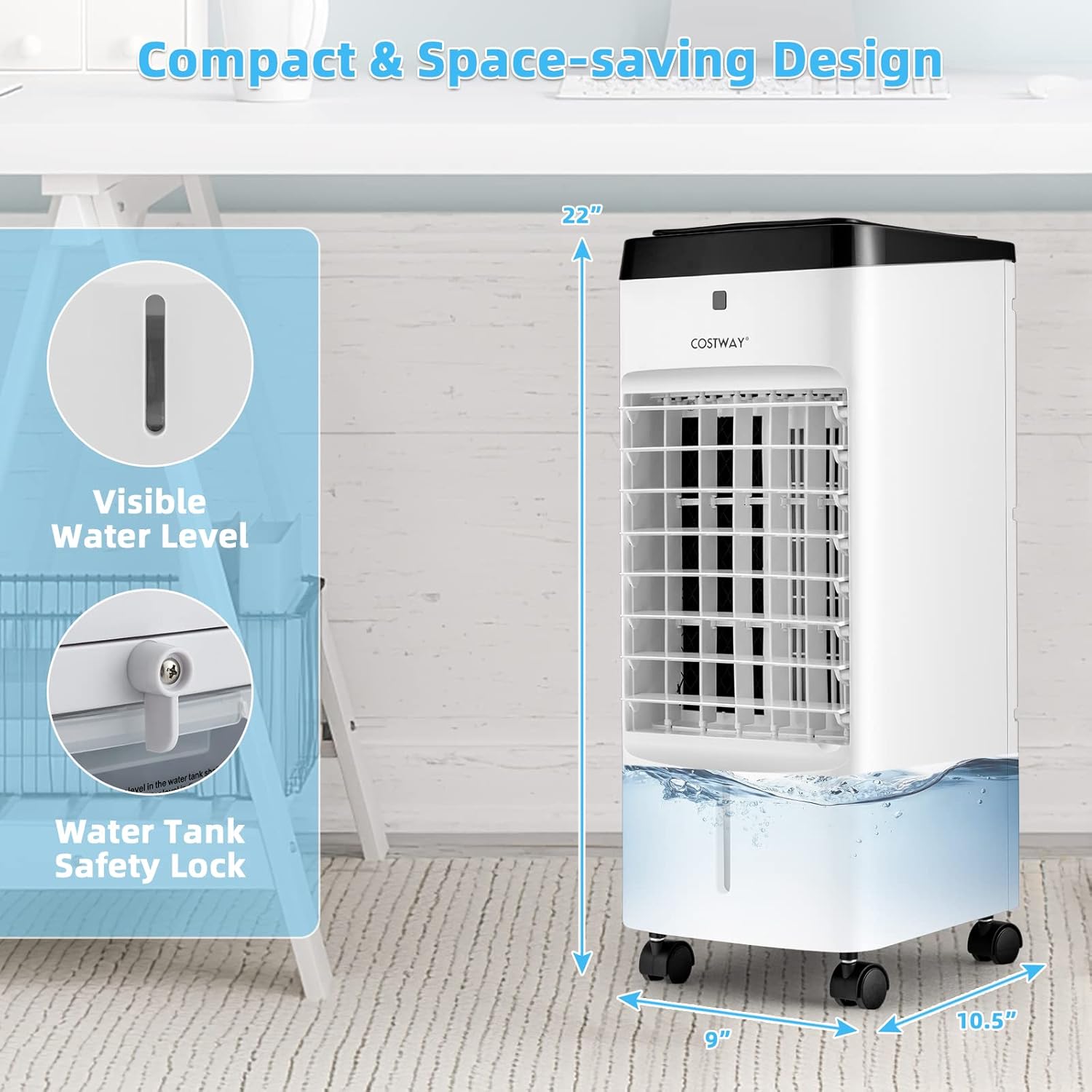 COSTWAY Evaporative Air Cooler, 3-in-1 Portable Quiet Swamp Cooler and Humidifier with Remote, 4 Modes, 70° Oscillation, 12H Timer, Water Tank Lock, Evaporative Cooler for Bedroom Home Office Dorms