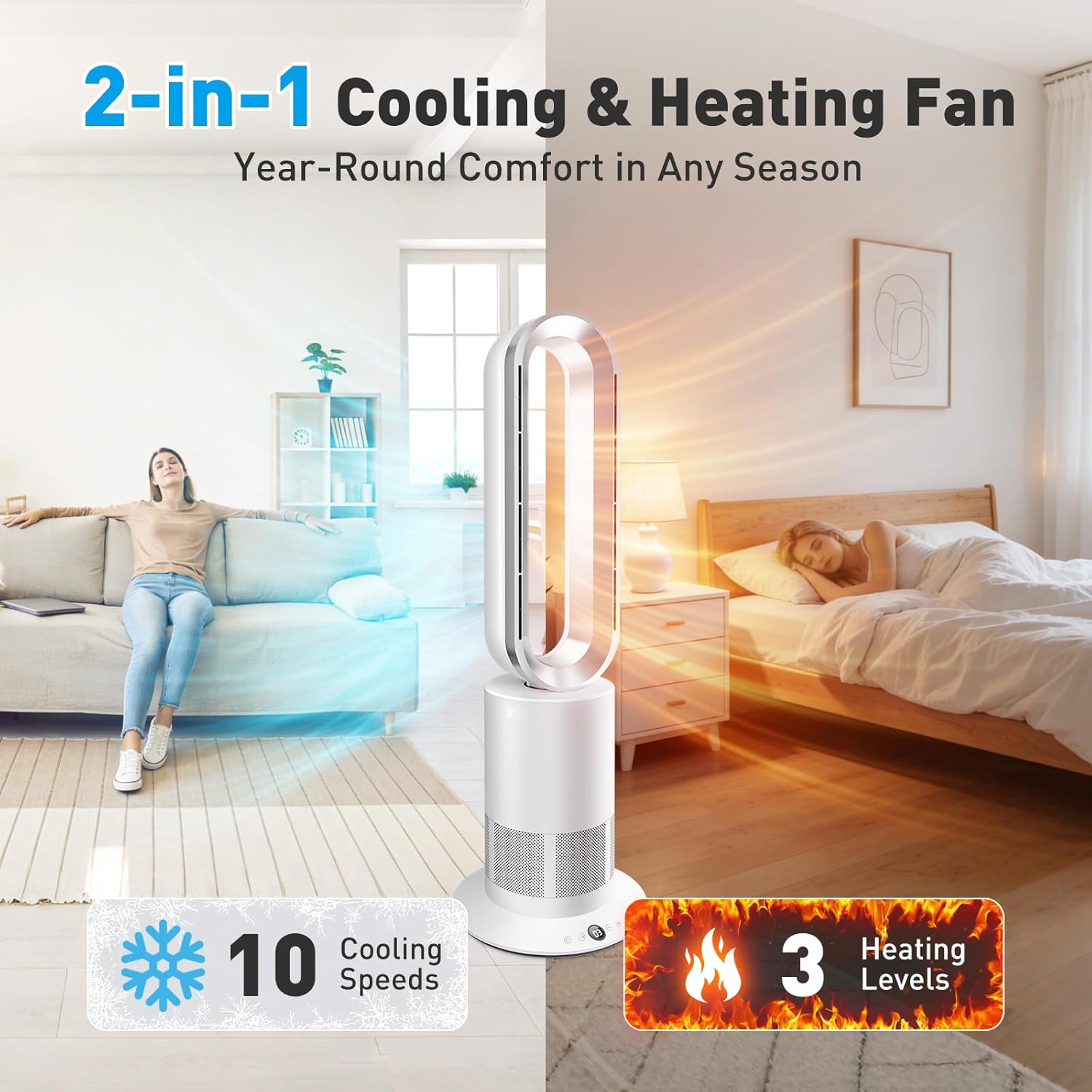 TP09Plus Bladeless Tower Fan, 2-in-1 Space Heater & Cooling Fan with Remote & Touch Control, 10 Cooling + 3 Heating Modes, Ultra-Quiet DC Motor for Bedroom & Home Office