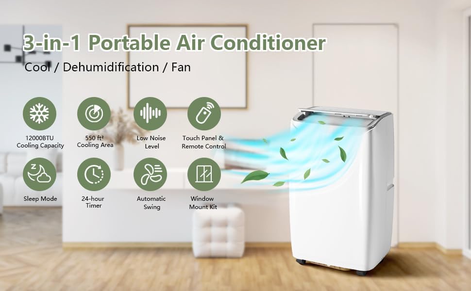12,000 BTU Portable Air Conditioner with Cooling, Dehumidifier, and Fan Functions, Efficiently Cools up to 550 Sq. Ft, Includes Remote Control, Window Venting Kit, 24-Hour Timer, White
