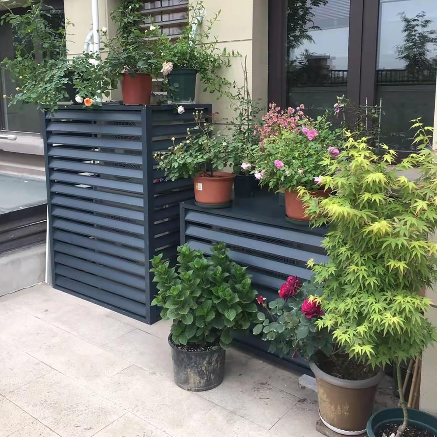 Outdoor Aluminum Air Conditioner Cover, Freestanding Privacy Screen Fence Panels Trash Can Enclosure, Condenser Protective Cover AC Unit Cover Pool Equipment Enclosure Flower Stand ( Color : Brown ,