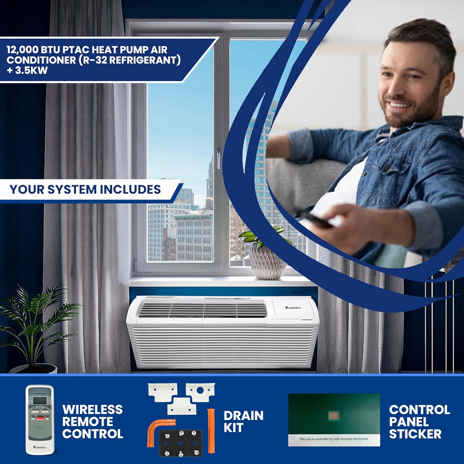 Klimaire PTAC 12,000 BTU Air Conditioner Heat Pump R-32 with Remote Control & 3.5 kW Electric Heater -230V