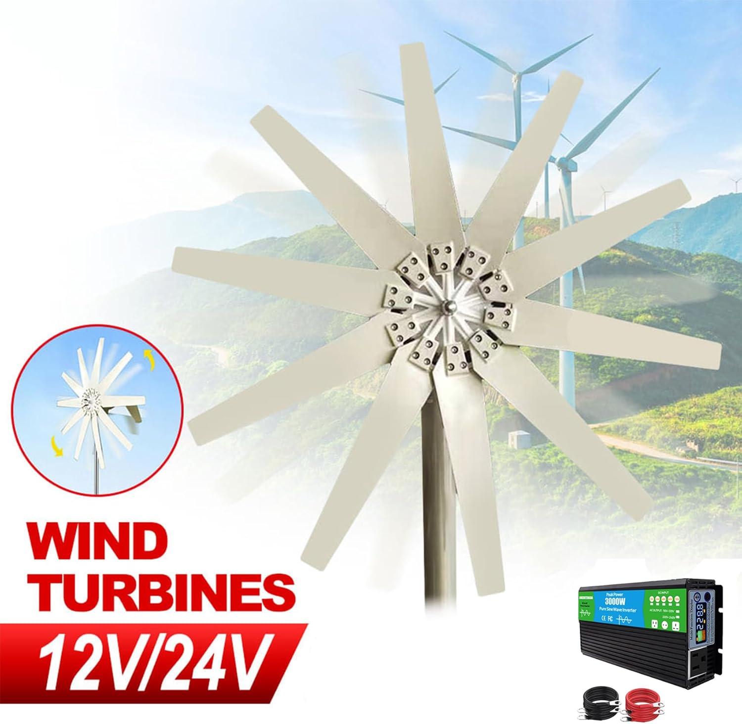 12000W Portable Verticalwind Power, Low Noise Windmill for Home Farm Wind System 220V Wind Turbine Generatorturbine Generator Kit with Charge Controller for Farm