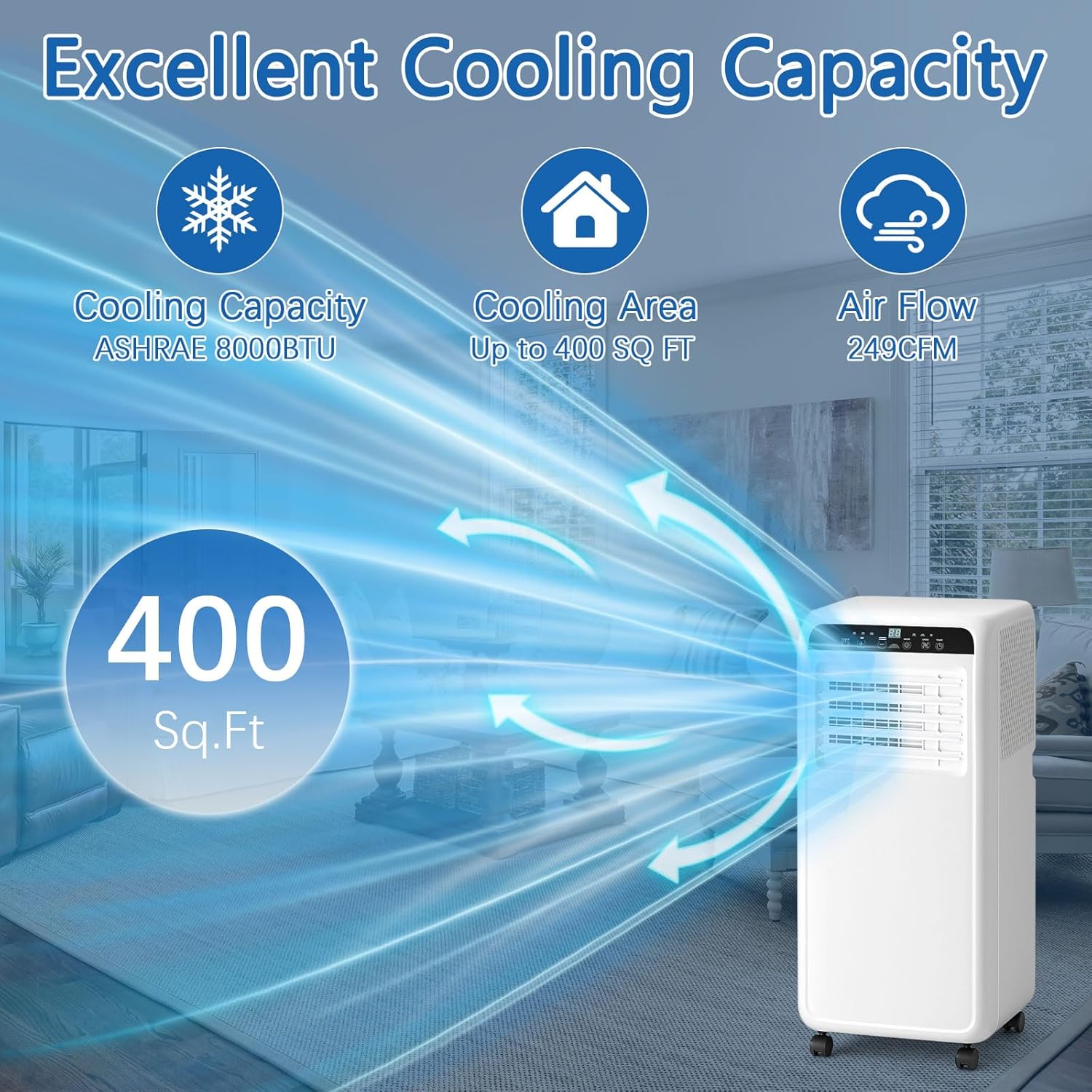 8000BTU Portable Air Conditioners With Fan & Dehumidifier, DollarDash 3-IN-1 Quiet Free Stand Portable AC Unit Cools Up to 400 Sq.Ft for Rooms, Apartments, Office
