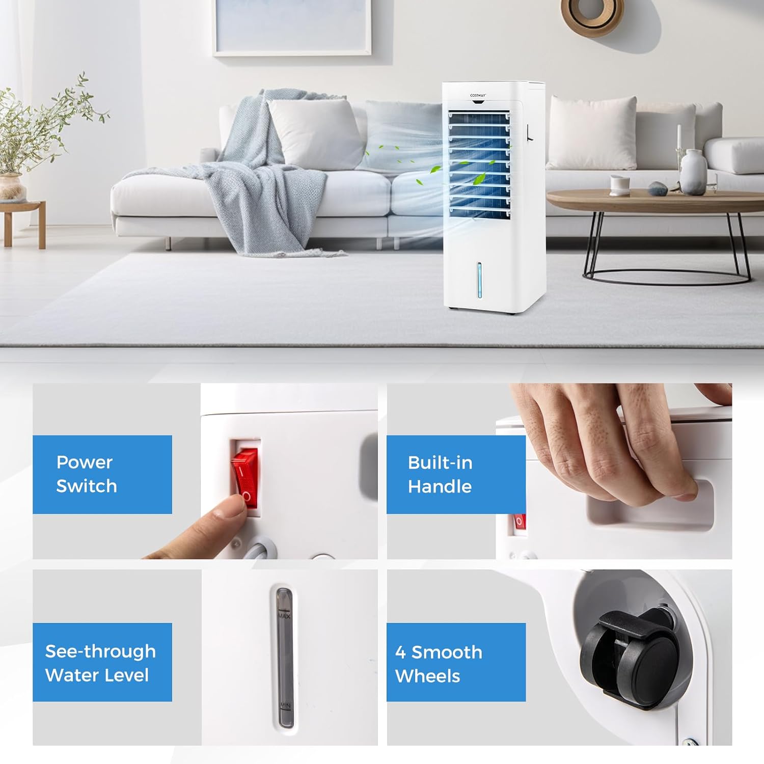 COSTWAY Evaporative Air Cooler and Heater, 3-in-1 Portable cooling fan with 3 Modes, 3 Speeds, 12-Hour Timer for Auto Off, 5.4L Water Tank, Control Panel, Swamp Cooler for Home Bedroom Office