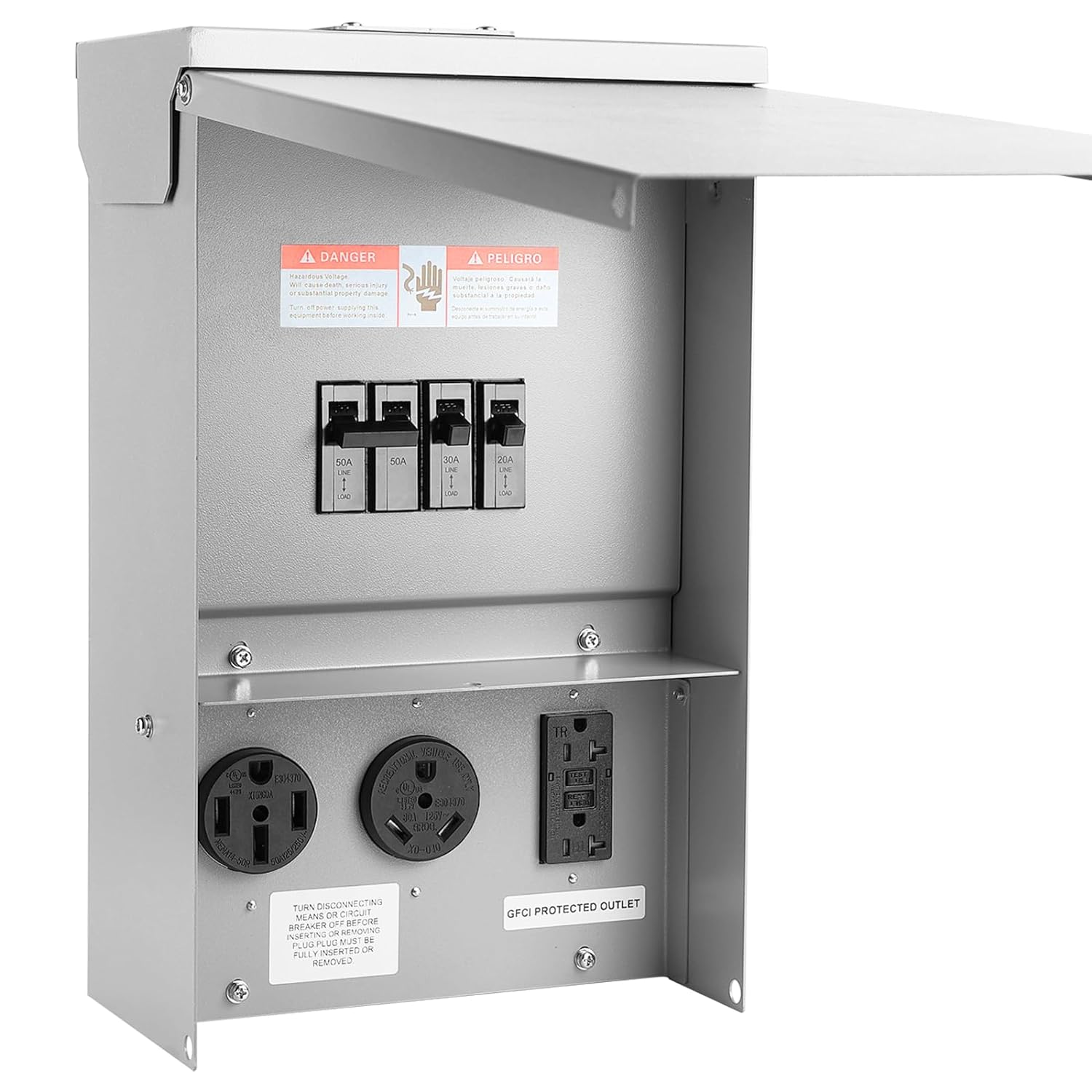 Electrical Outlet Boxes Temporary Power Panel Weatherproof RV Receptacle Box with 30 50 Amp Breaker 20 Amp GFCI Outlet Outdoor Panel for RV Camper Car Travel Generator Motorhome (Update)