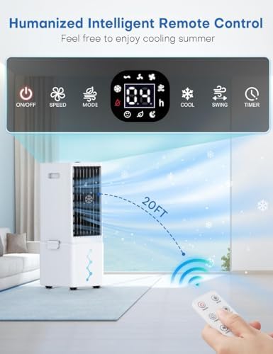 Portable Air Conditioners w/Remote, 4 Modes & 3 Speeds, Waterless Alert System & 2.4-Gal Tank for 20H Cooling, 12H Timer for Auto Off, Evaporative Air Cooler for Room Bedroom Office, Off White