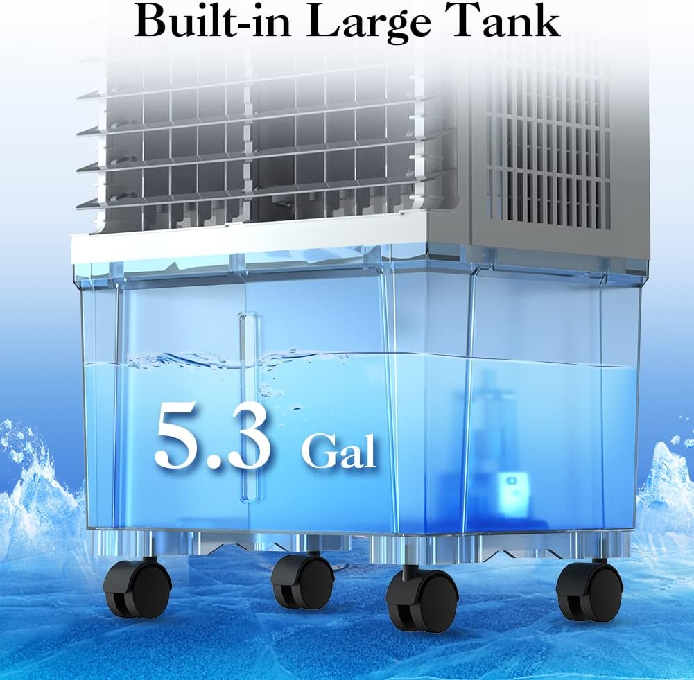 LifePlus Evaporative Air Cooler, 1800CFM Windowless Air Conditioner Portable for Large Room Commercial Garage Outdoor, 3 In 1 Swamp Cooler with Remote Control, 4 Ice Packs, 12H Timer, 5.3 Gallon