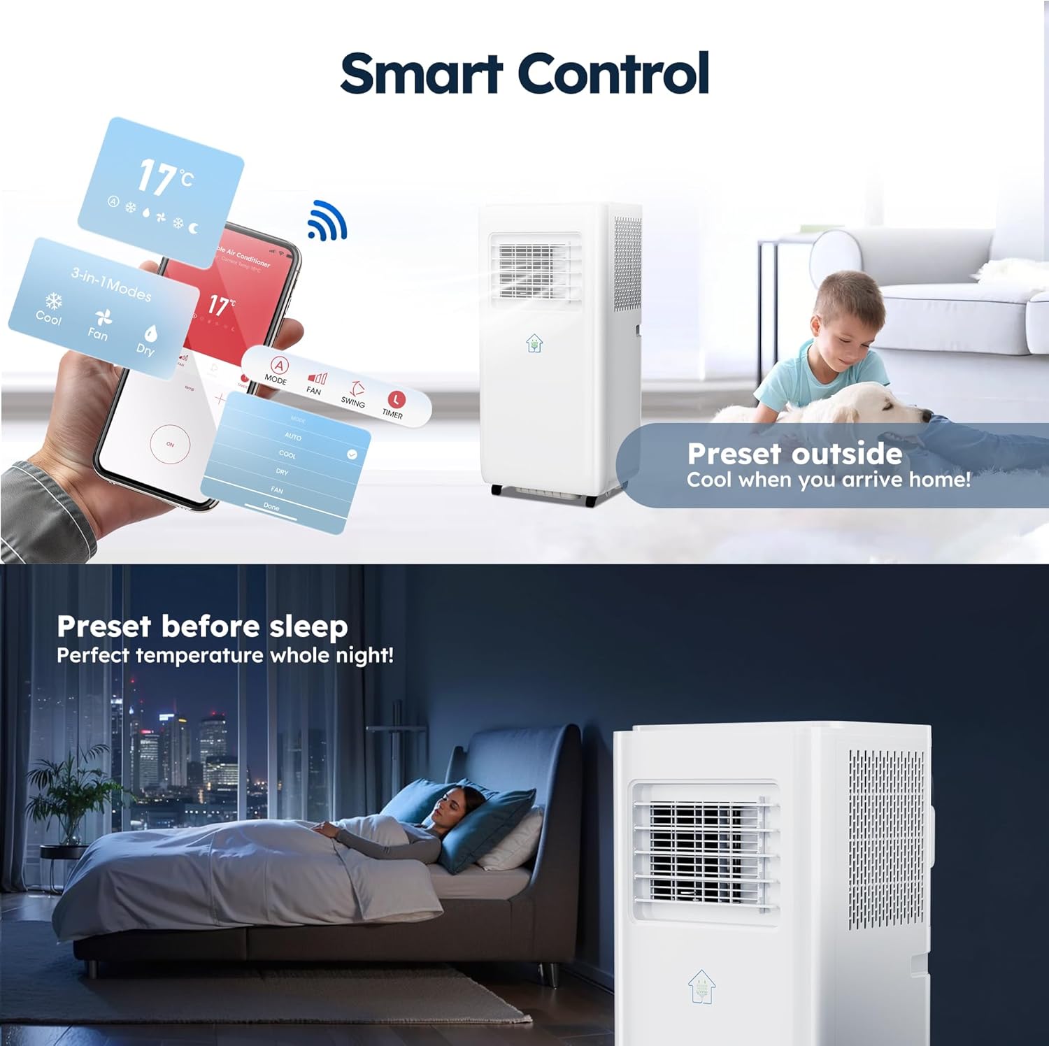 8,000 BTU Portable Air Conditioner with Smart Wi-fi APP, 3 Modes 2 Speeds Portable AC Unit with APP, Fast Cooling/Energy Saving/Remote Control/24Hrs Timer for Bedroom/Dorms/Office