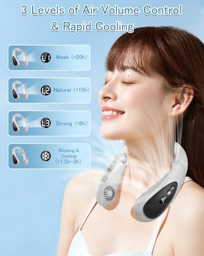 Neck Air Conditioner, 5000mAh Portable Neck Fan, Bladeless USB Neck Fan with Semiconductor Cooling Airflow, Portable Rechargeable, 3 Speeds, LED Display, Personal Fan for Outdoor Travel