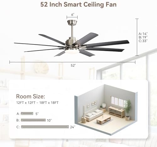 Sofucor Smart Ceiling Fans with Lights, 52'' Ceiling Fan with Light and Remote, Work with Alexa/Google, Black Indoor/Outdoor Ceiling Fan, Quiet DC Motor, 3CCT, 8 Blades Ceiling Fans for Bedroom Patio