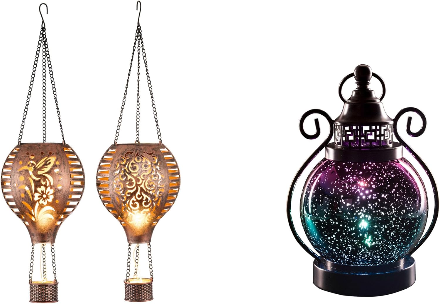 TERESA'S COLLECTIONS 2 Pack Hummingbird Flame and Hot Air Balloon Hanging Solar Lantern for Garden Decor& Lanterns Decorative Indoor Color Changing, Hanging Ramadan Lantern Decor（2 Items Buddle）