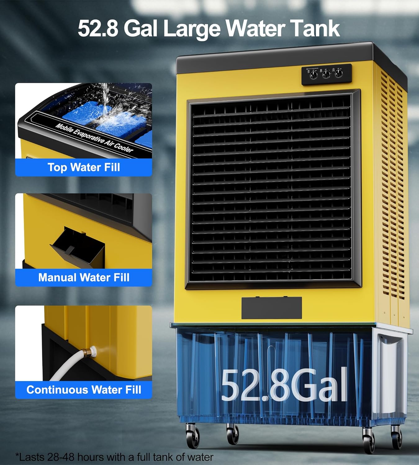 14715CFM Swamp Cooler, Evaporative Air Cooler with Continuous Auto Fill,53-Gal Water Tank,5 Ice Packs,Portable Evaporative Cooler for Outdoor Patio Garage Commercial Industrial Use, 70IN