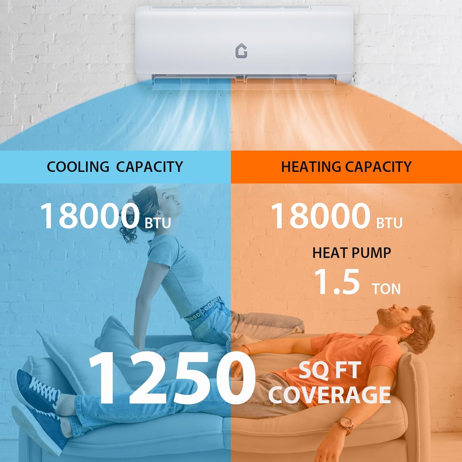 18000 Btu Mini Split Air Conditioner & Heater - Wifi Enabled, 19 SEER2 Energy-Efficient Inverter, Air Conditioner with Aux Input, Cools Up to 1250 Sq.Ft