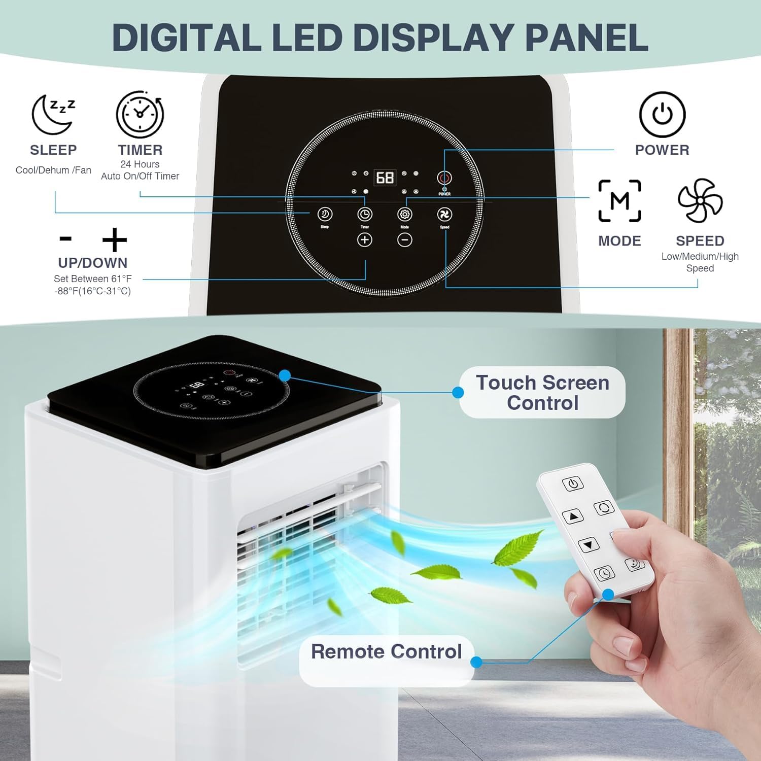 10,000 BTU Portable Air Conditioners, Cools up to 450 Sq. Ft 3-in-1 Movable AC for Room with Dehumidifier Fan Sleep Mode, 24H Timer, Remote Control, and Window Installation Kit Included