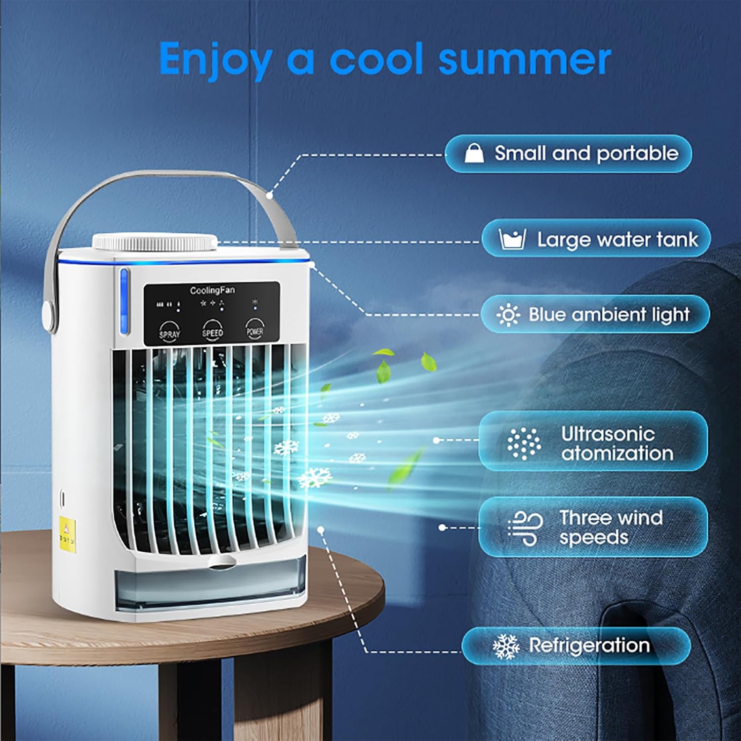 ERICAT Portable Air Conditioner, Evaporative Mini Air Cooler with Three Adjustable Wind Speeds,Two Working Modes, 500ml Large Water Tank and Detachable Activated Carbon Filter, for Home, Room, Office