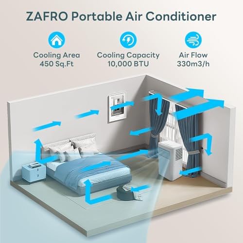 ZAFRO 10000BTU Portable Air Conditioner Cooling, Dehumidifier & Fan, 3 Speed, Remote Control, 24-Hour Timer, LED Display