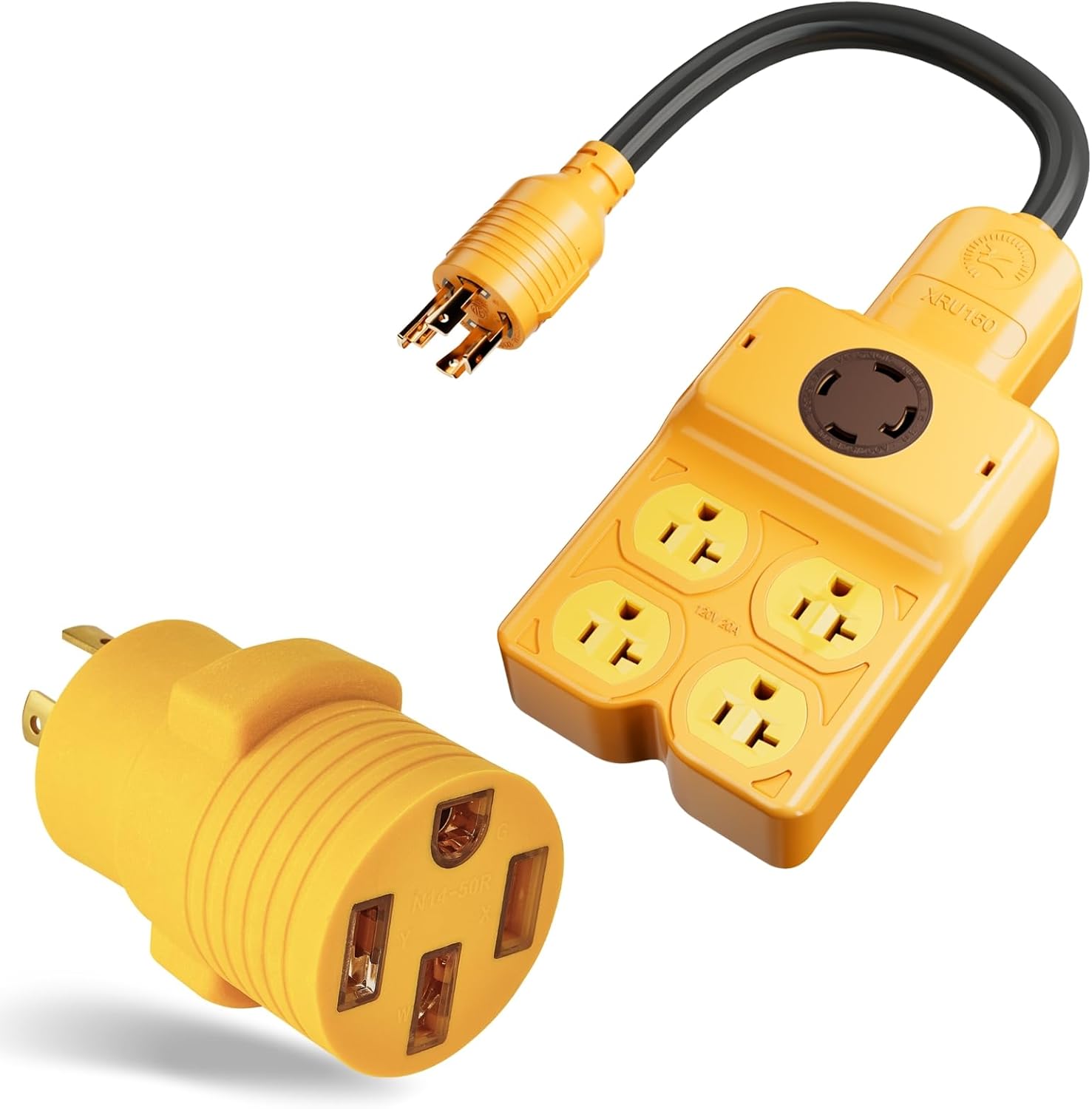 MECMO NEMA L14-30P to Four 5-20R/ 5-15R & L14-30R Generator Adapter Extension Cord, 4 Prong Twist Locking Generator 30 amp NEMA L14-30P to 14-50R RV Generator Adapter for EV RV Charging