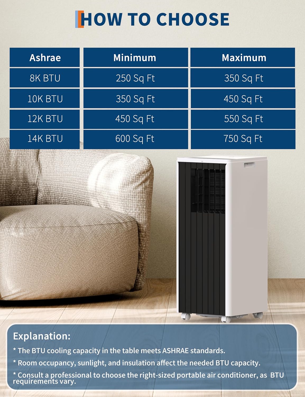 Portable AC 8000 BTU Air Conditioner, Cools 350 Sq.Ft Room, with Fan & Dehumidifier, Remote Control, 24H Timer, Auto Swing, Easy Setup for Home, Bedroom, Office, Living Room Use, Black Top