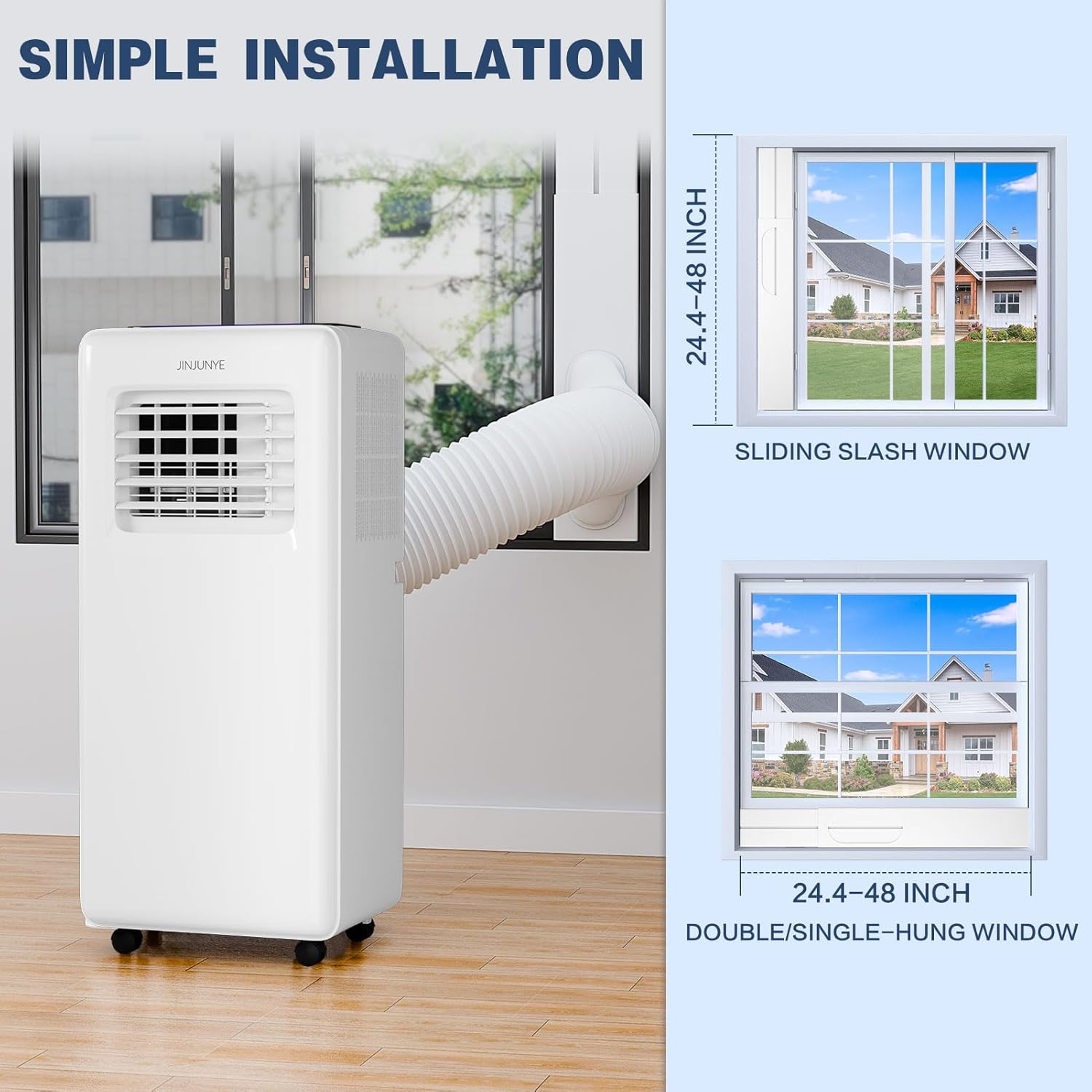 JINJUNYE 10,000 BTU Portable Air Conditioners 4 IN 1 with 7 Colors LED Light, Portable AC Unit Dry, Fan, Sleep Mode, Cools Up to 450 Sq.Ft, 24H Timer, Window Kit, Not Include Battery KF450062-1
