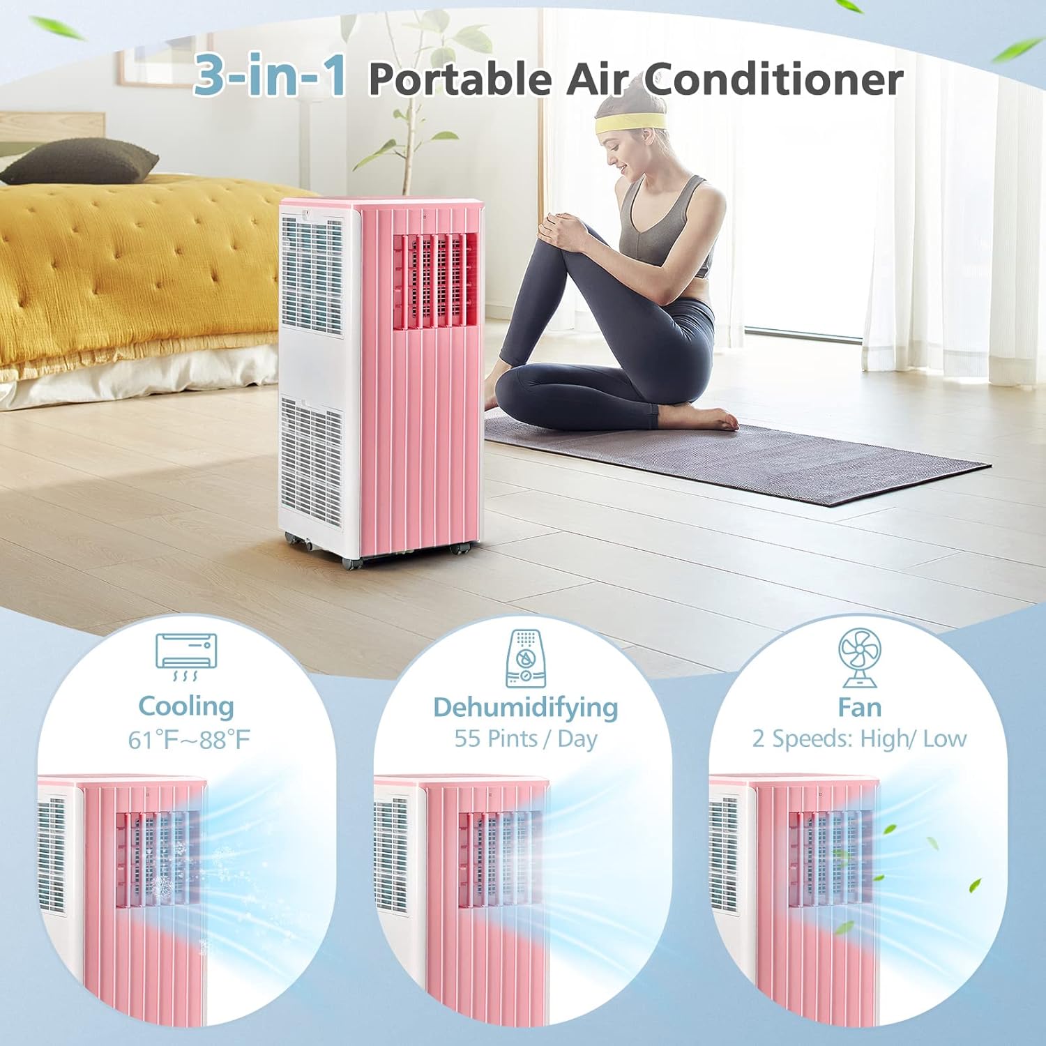 SIMOE 10,000 BTU Portable Air Conditioners, Cools up to 350 Sq.ft, Portable AC Built-in Cool, Dehumidifier, Fan Modes, Room Air Conditioner with Remote Control/Installation Kits, Pink