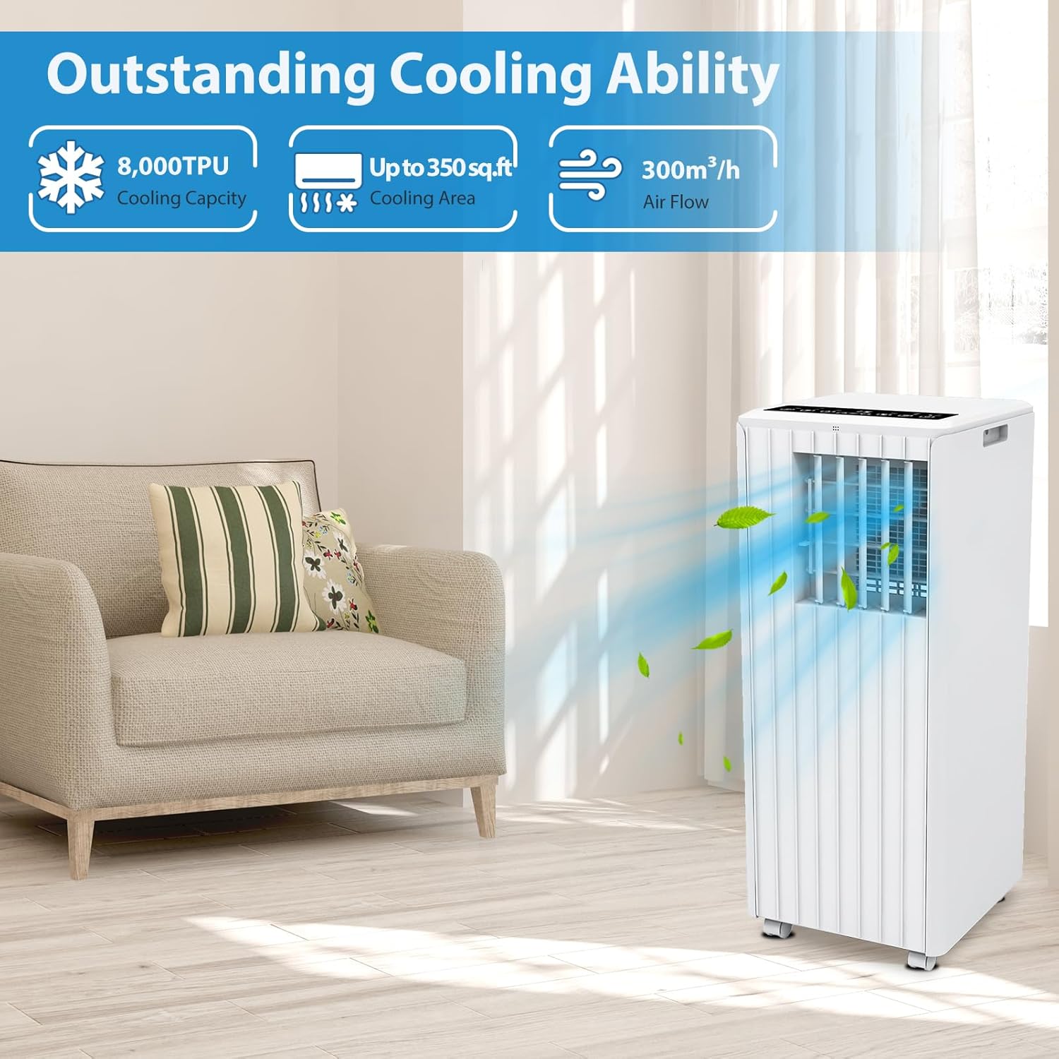 Portable Air Conditioner 8000 BTU– Compact 3-In-1 AC Unit With Cooling, Dehumidifier & Fan, Energy-Efficient Portable Air Conditioner With Remote & 24H Timer for Rooms Up to 350 Sq Ft (White)