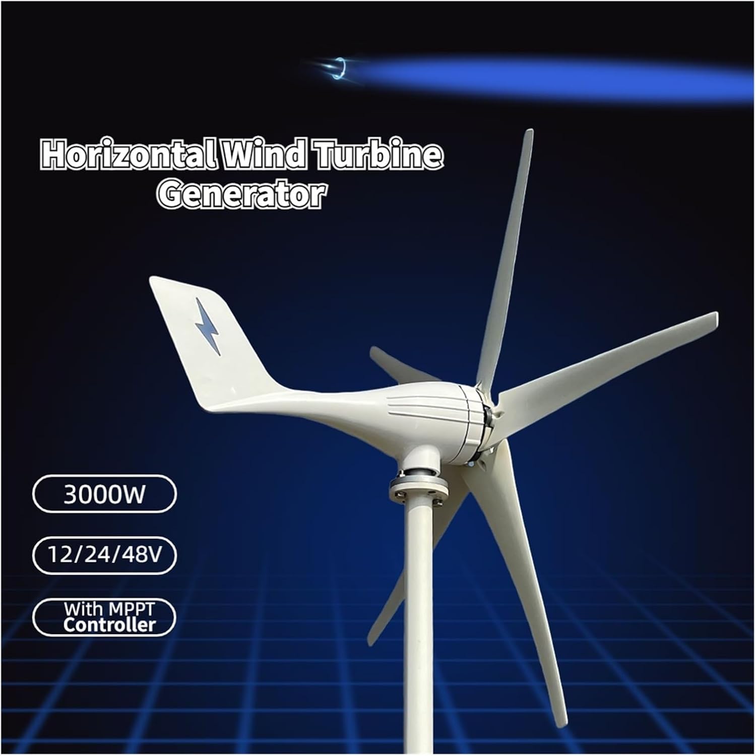 Horizontal Axis 3000W 3/5 Blades Windmill 12V 24V 48V Wind Power Small Wind Turbine Generator MPPT Controller for Home Use Industrial Energy(12V,3000W 3blades)